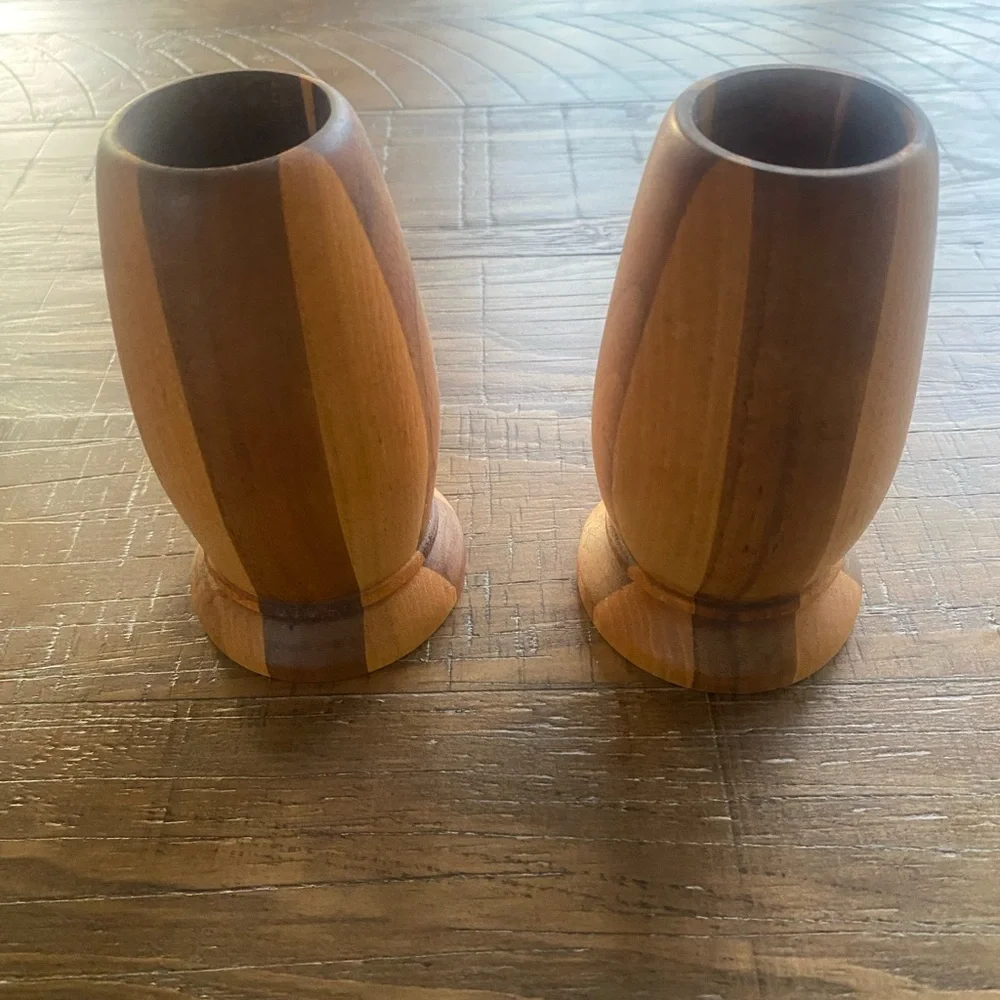 Vintage MCM Turned Brown Wooden Candle Holders Rustic 5” height 1 1/2” top